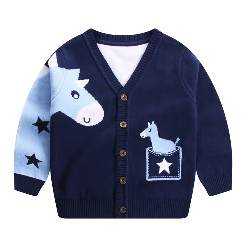 Baby Boy Cartoon Animal Embroidered Pattern Button Front V-Neck Cardigan