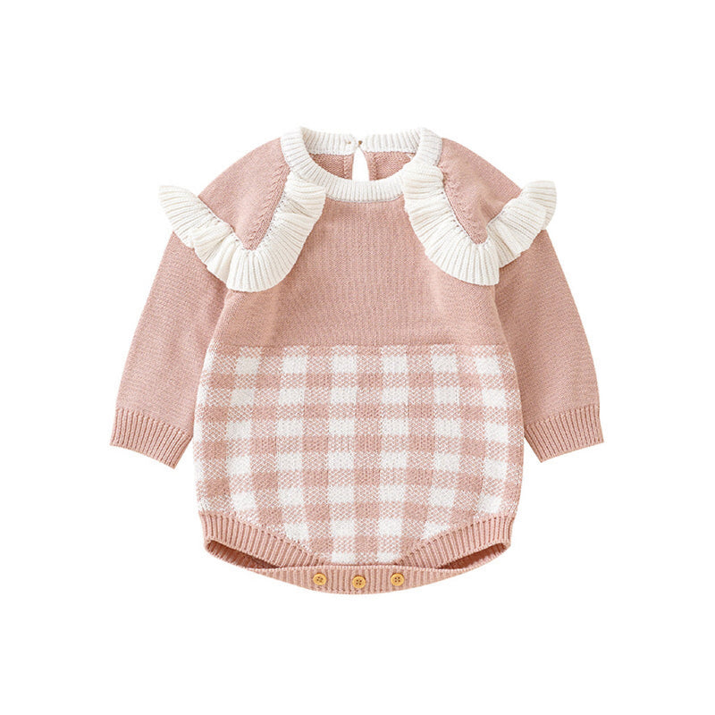 Baby Girl Checkerboard Pattern Lace Design Onesies In Autumn