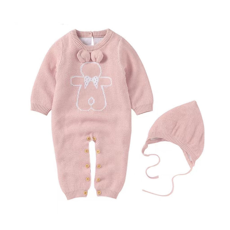 Baby Cartoon Bunny Embroidered Graphic Solid Warm Rompers With Hat