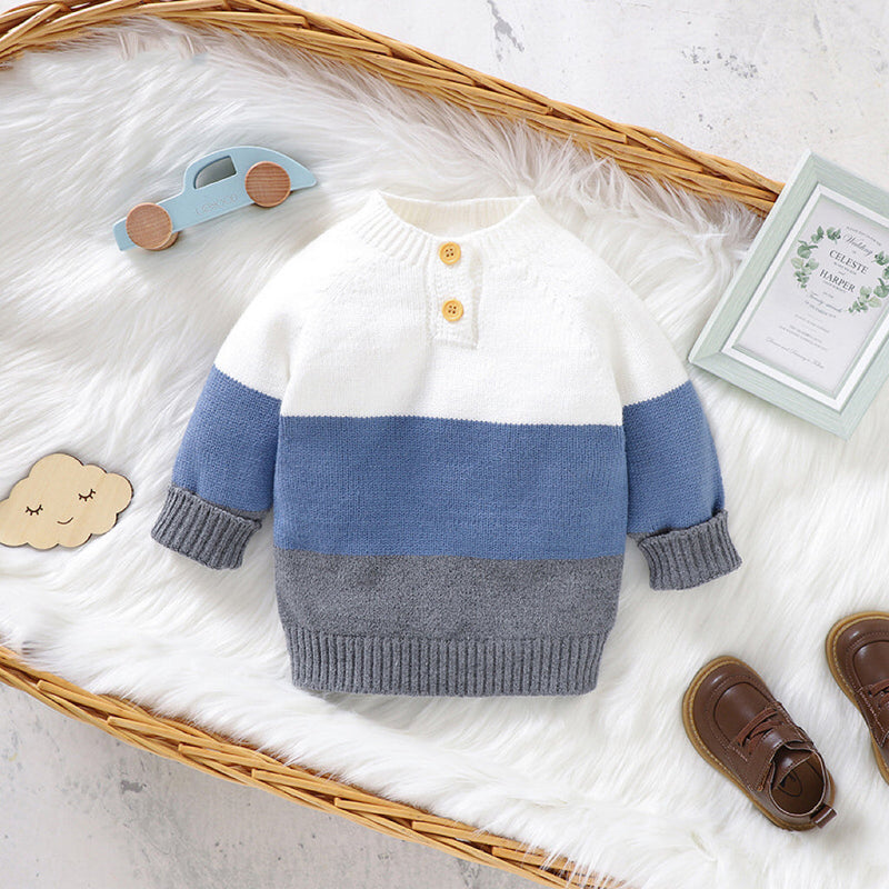 Baby Boy Color block Pattern Quarter Button Design Pullover Crewneck Knitwear Sweater