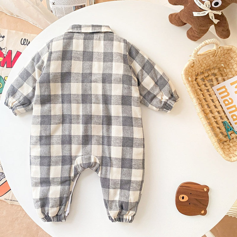 Baby Boy Plaid Pattern Snap Button Front Long-sleeved Thick Rompers