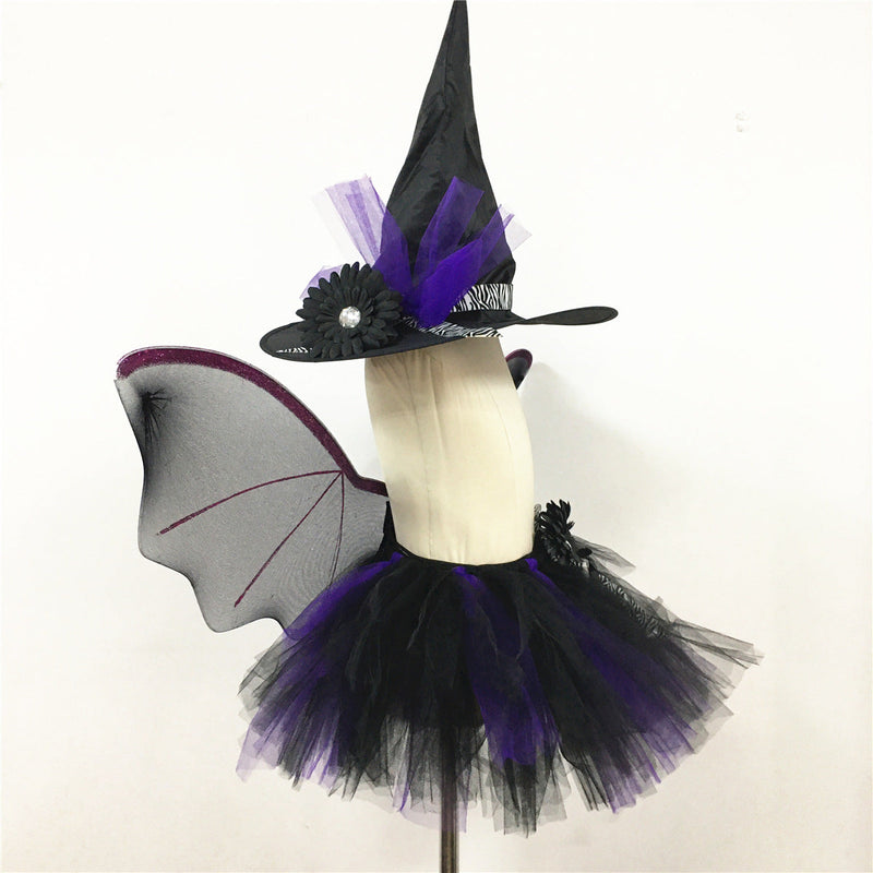 Children’s Halloween Witch Cosplay Hat Skirt Wings 1-Piece Sets