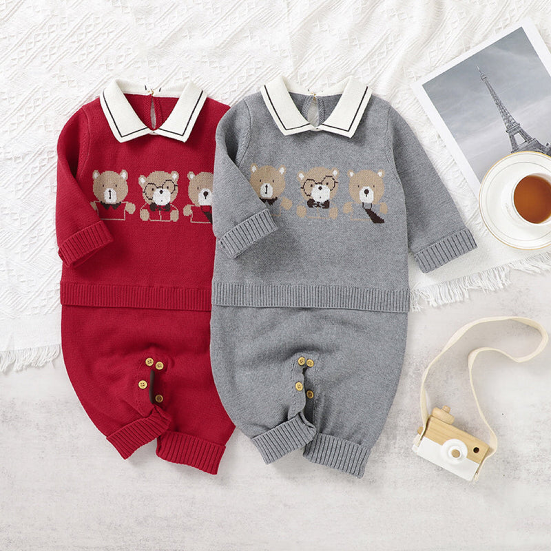 Baby Cartoon Bear Pattern Lapel Design Knitted Romper