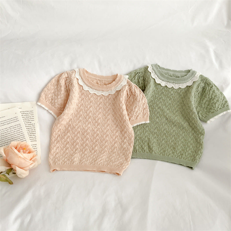 Baby Girl Hollow Carved Design Ruffle Design Cute Knit Tee