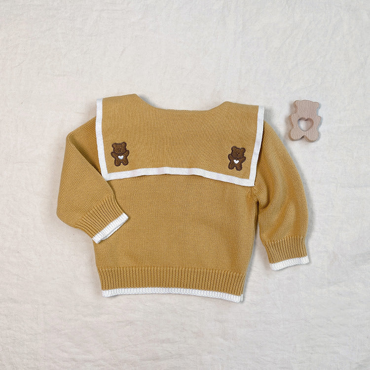 Baby Girl Bear Embroidery Graphic Single Breasted Design Lapel Cardigan