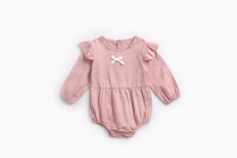 Baby Girl Solid Color Bow Patched Design Little Butterfly Sleeves Bodysuit