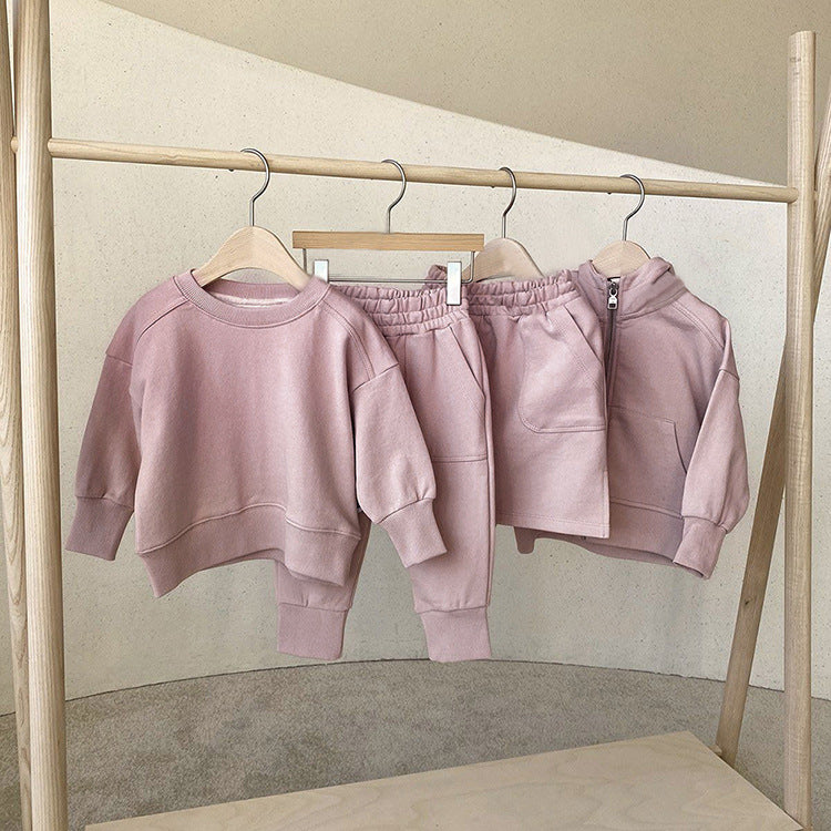 Baby Boy And Girl Solid Color Pullover Hoodies Combo Pants Pieces Sets