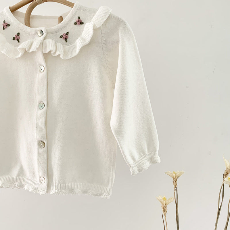 Baby Girl Floral Embroidered Pattern Single Breasted Design Knit Cardigan