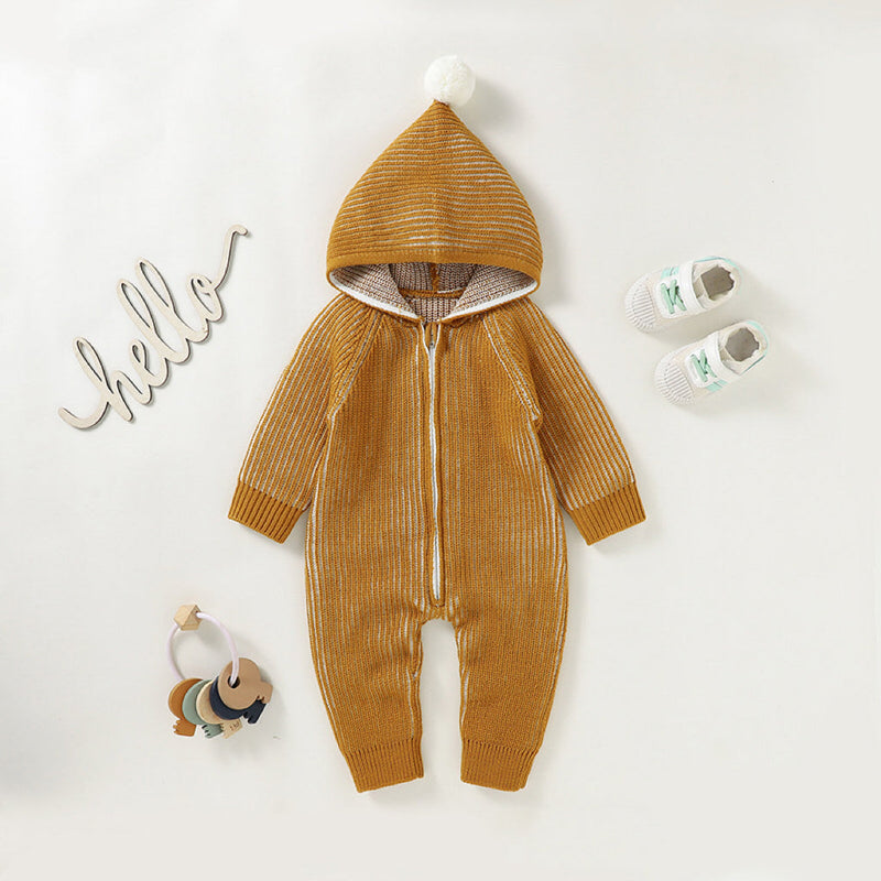 Baby Solid Color Zipper Front Design Hooded Knitted Romper