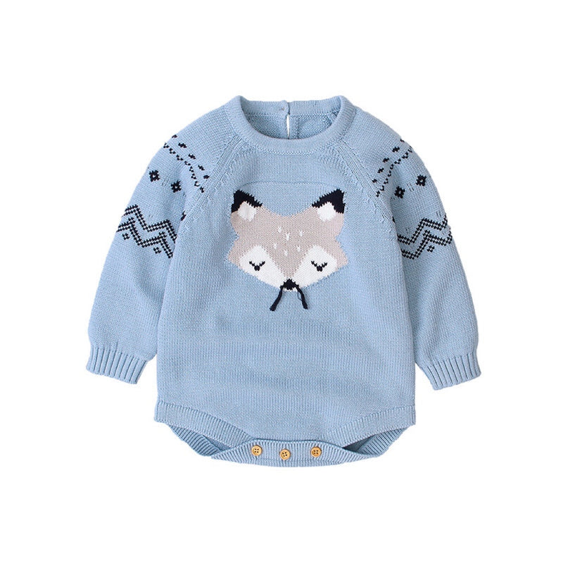 Baby Cartoon Fox Graphic Long Sleeves Triangle Knitted Romper Jumpsuit In Autumn