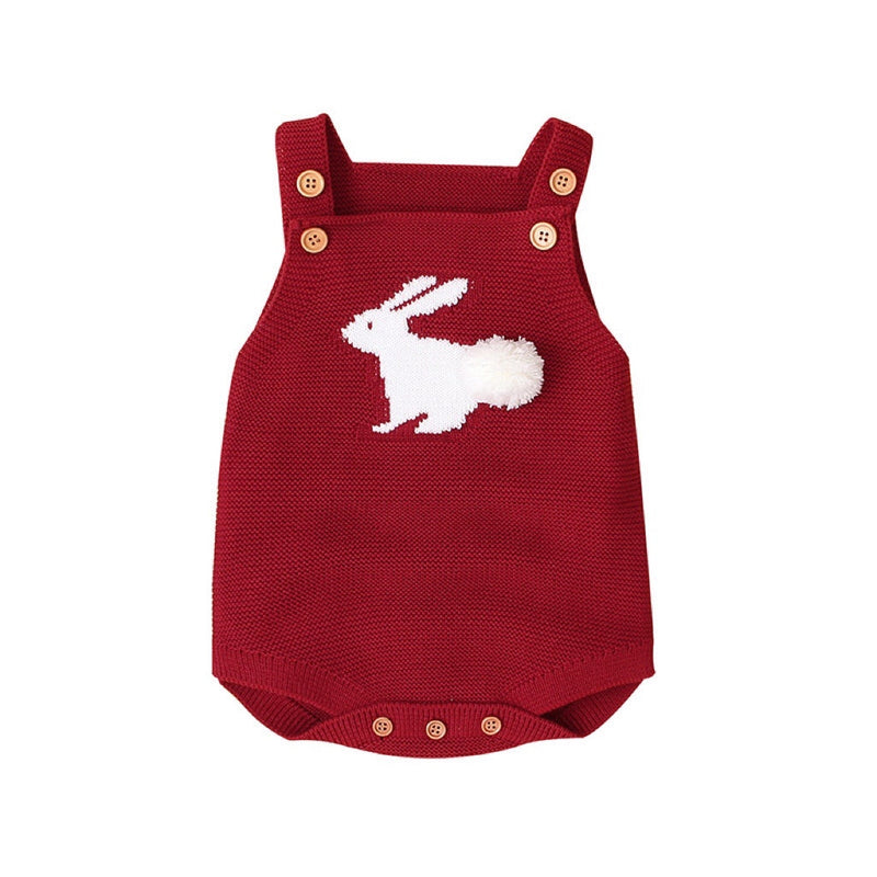 Baby Girl 1pcs 3D Bunny Embroidered Graphic Strap Knitted Onesies Bodysuit