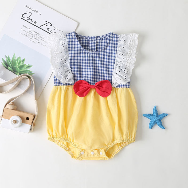 Baby Girl Plaid Pattern Lace Patchwork Bow Sleeveless Princess Onesies In Summer