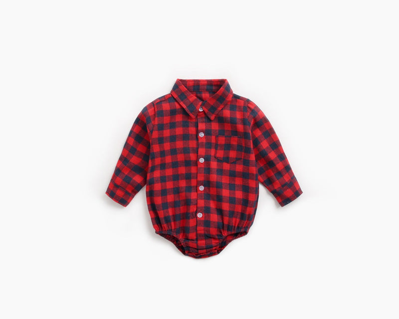 Baby Boy Plaid Pattern Buttoned Shirt With Pockets Long Sleeve Onesies In Autumn