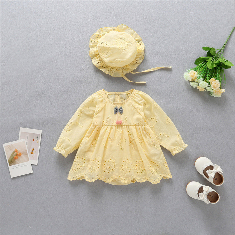 Baby Solid Yellow Hollow Carved Design Long Sleeves Bow Dress & Hat