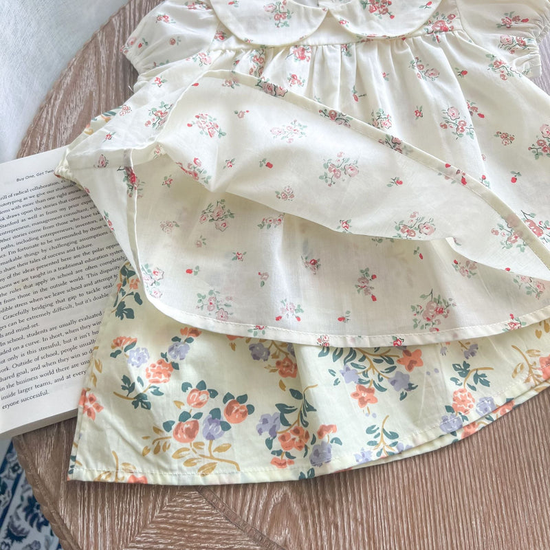 Baby Girl Floral Print Doll Collar Design Tops Combo Shorts Sets In Summer