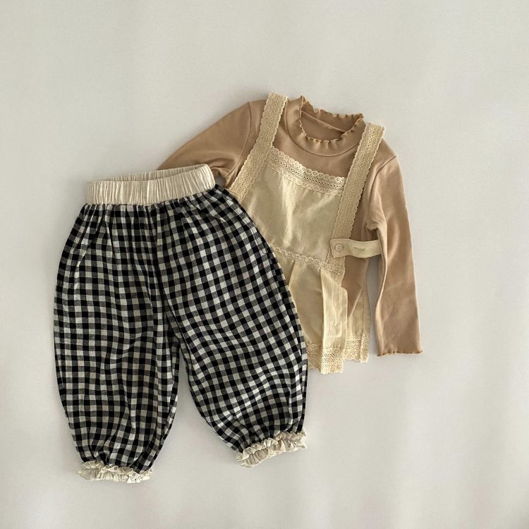 Baby Girl Plaid Patttern Lace Design Long Pants