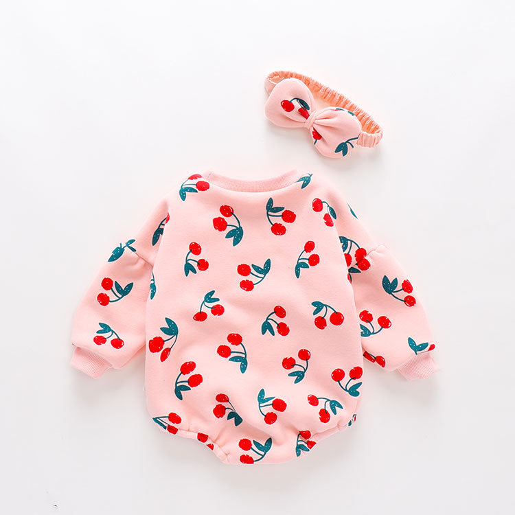 Baby Girl Allover Cherry Pattern Lantern Sleeves Triangle Bodysuit Onesies