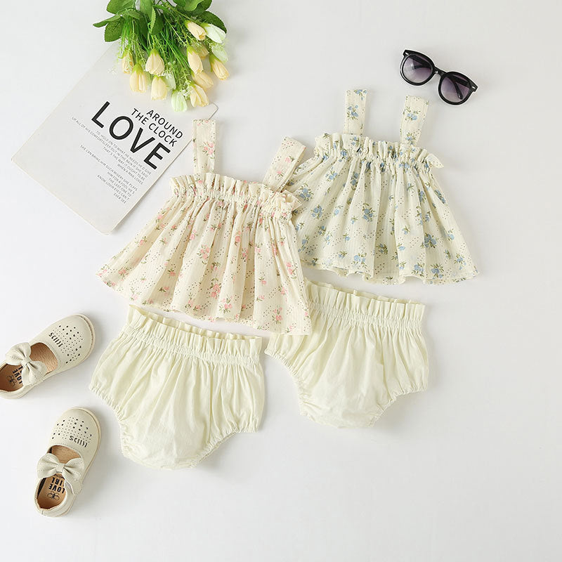 Baby Girl Floral Print Pattern Sleeveless Tops Combo Shorts Sets In Summer