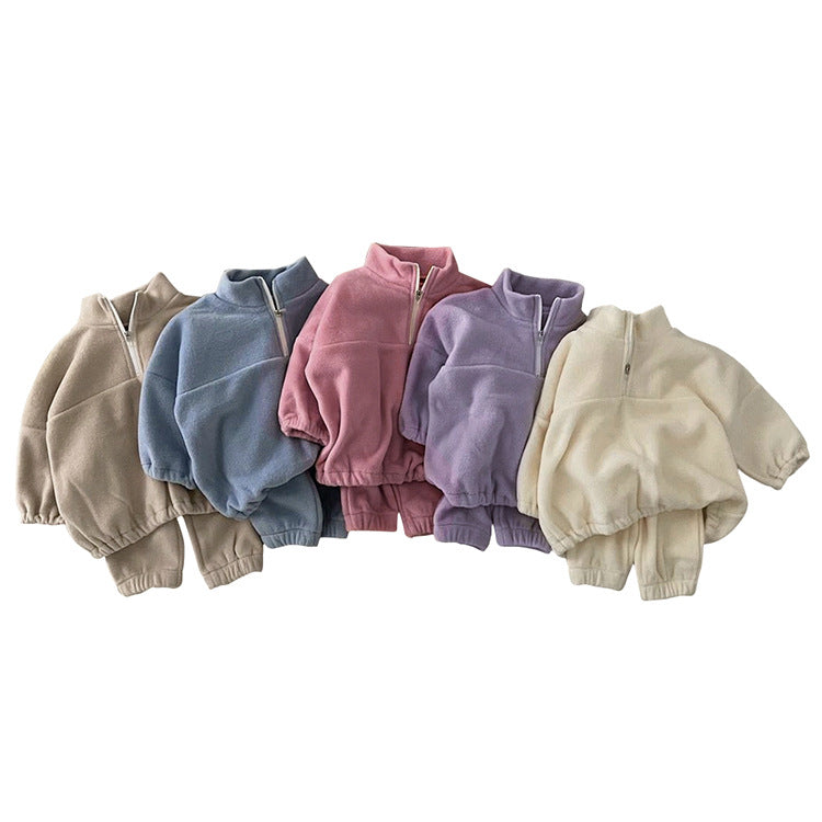 Baby Solid Color Double Sided Fleece Stand Collar Sweater Sets