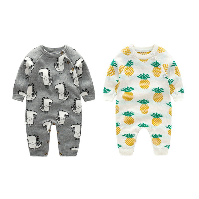 Baby Dinosaur & Pineapple Pattern Shoulder Button Design Knitting Romper Jumpsuit