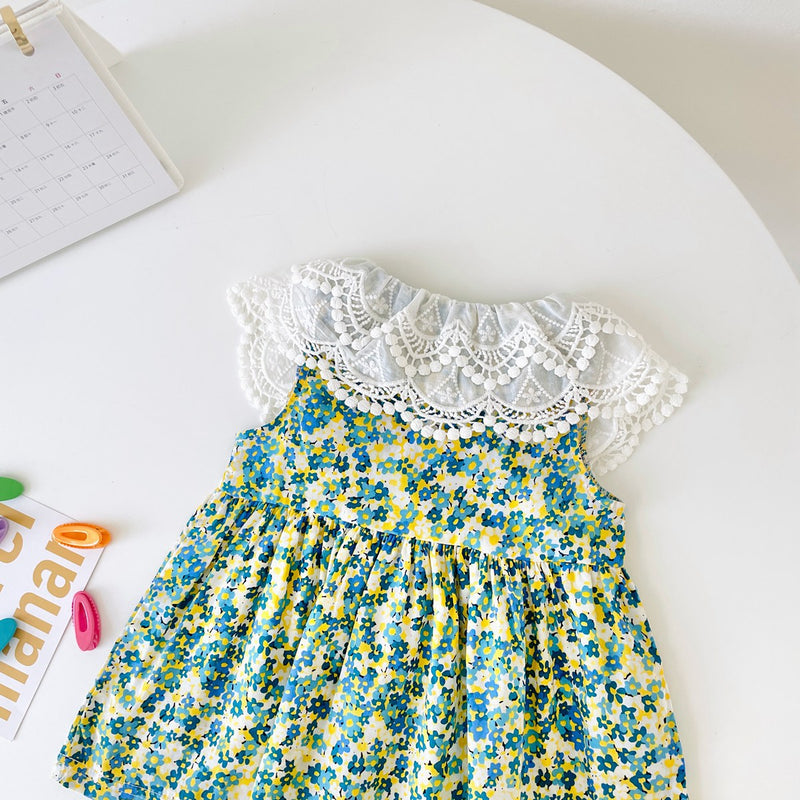 Baby Girl Floral Print Lace Patchwork Design O-Neck Dress