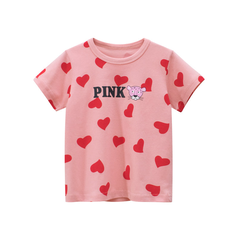 Baby Girls Heart Print Round Collar Short-Sleeved Tee Shirts