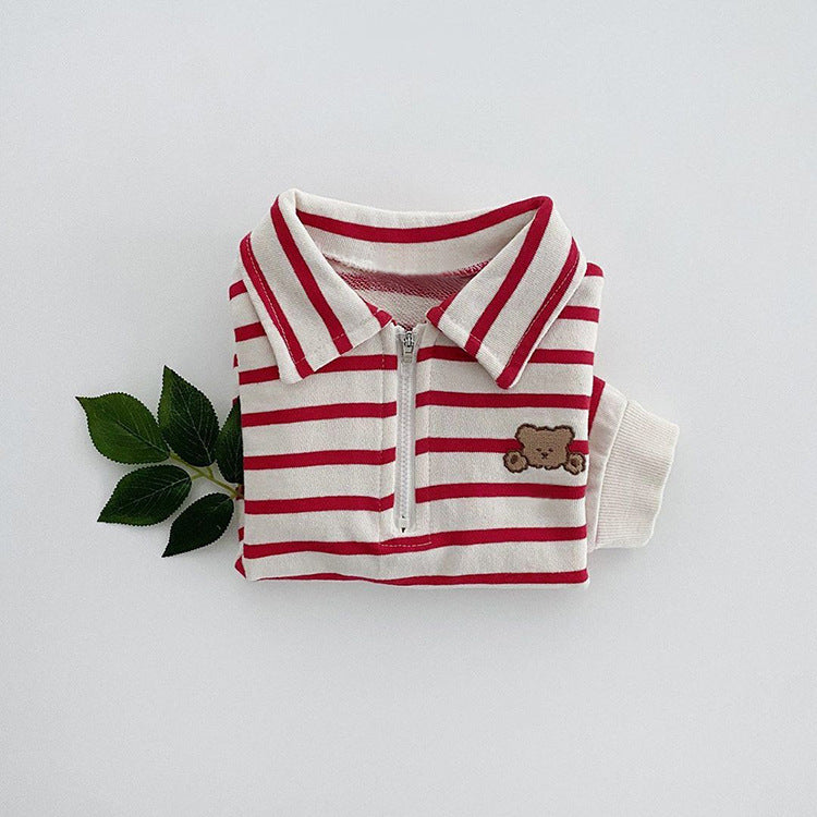 Baby Striped & Cartoon Patched Graphic Polo Neck Long Sleeves Bodysuit Onesies