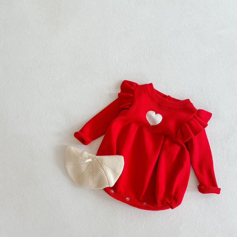 Baby Girl 1pcs Heart Embroidered Pattern Ruffle Long Sleeve Knit Onesies