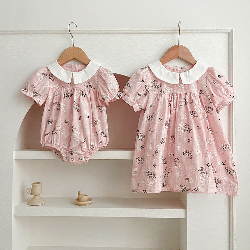 New Arrival Summer Girls Peter Pan Collar Short Sleeves Onesies And Dress – Princess Sister Matching Set