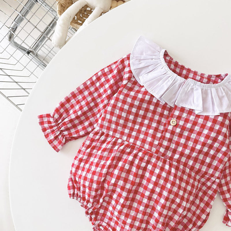 Baby Girl Plaid Pattern Ruffle Neck Design Triangle Sweet Onesies