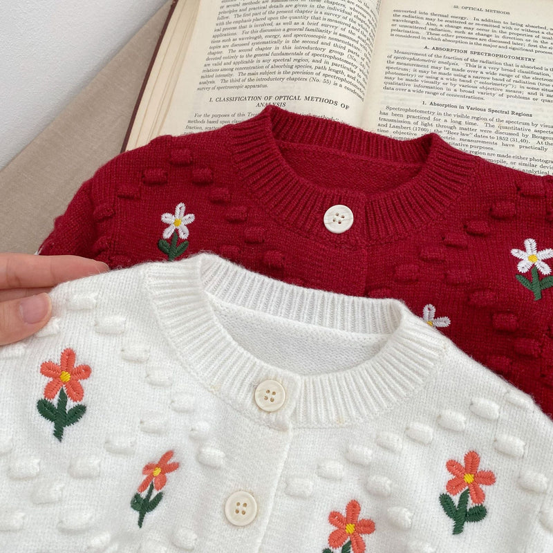 Baby Girl Flower Embroidered Pattern Thickened Knit Single Breasted Design Cardigan