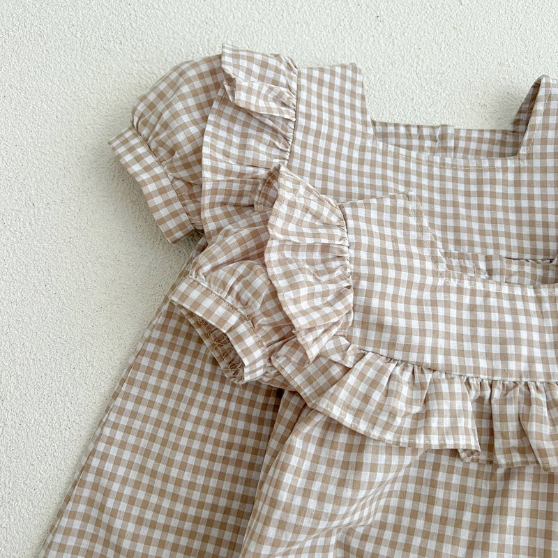 Baby Plaid Pattern Square Neck Puff Sleeves Onesies & Dress