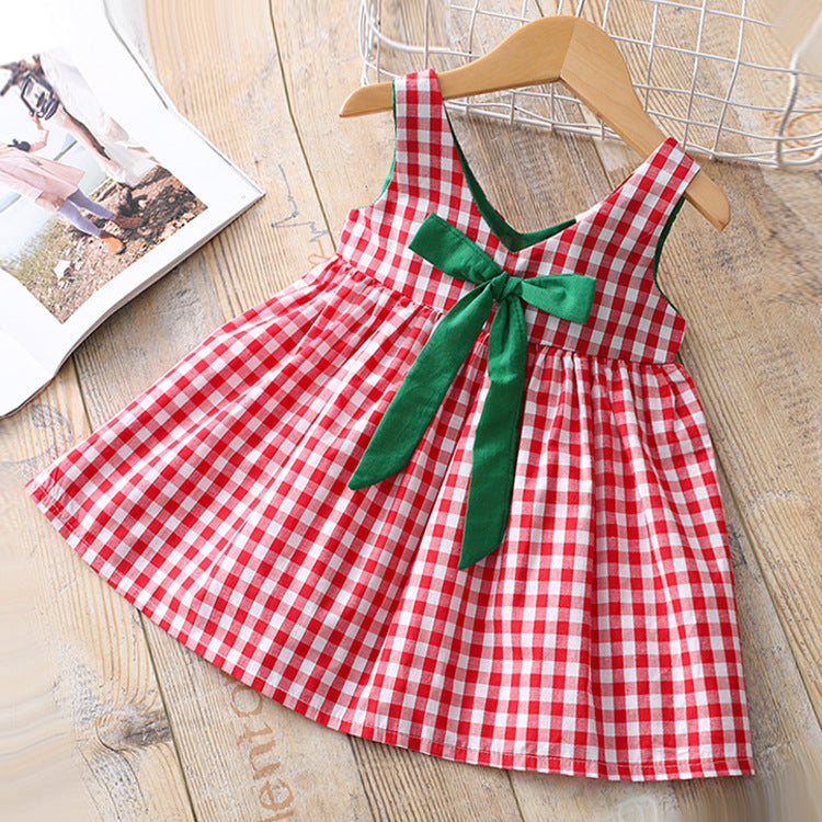 Baby Girl Plaid Pattern Bow Tie Decoration Sleeveless Dress