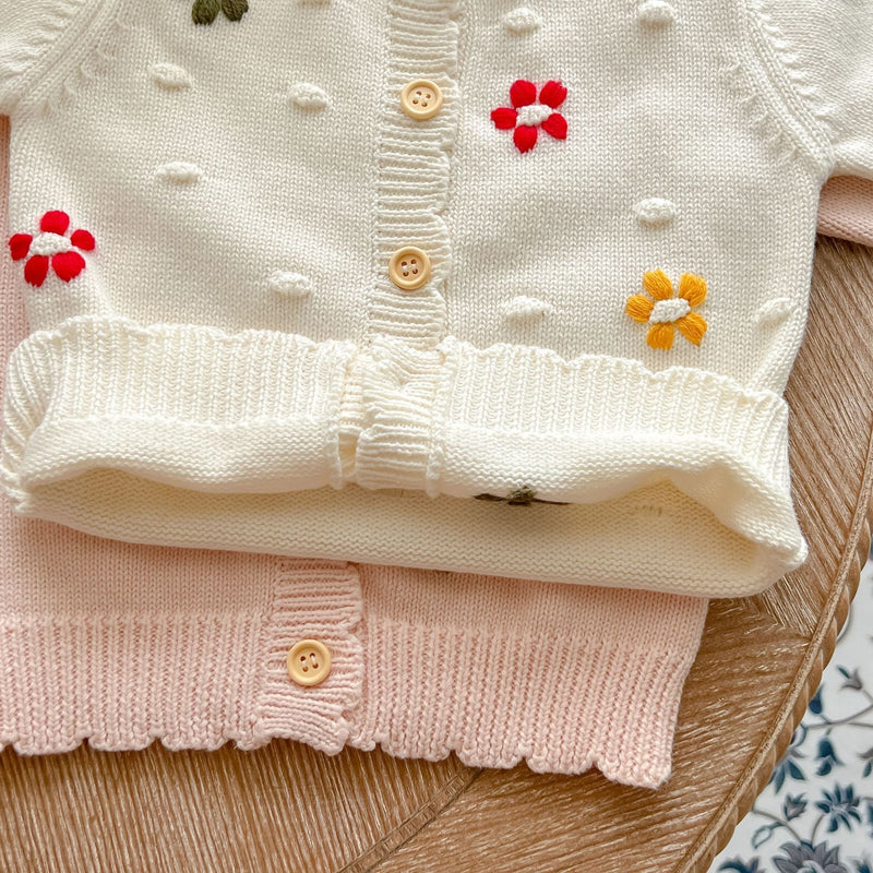 Baby Girl Flower Embroidered Graphic Single Breasted Design Knit Cardigan