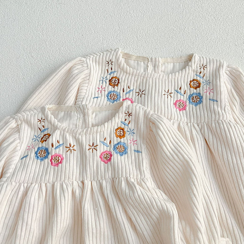 New Spring/Autumn Baby Onesies And Dress For Girls With Long Sleeves And Embroidered Flowers – Princess Sister Matching Set