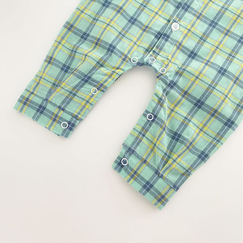 Baby Boy Classic Plaid Pattern Lapel Design Long Sleeve Rompers