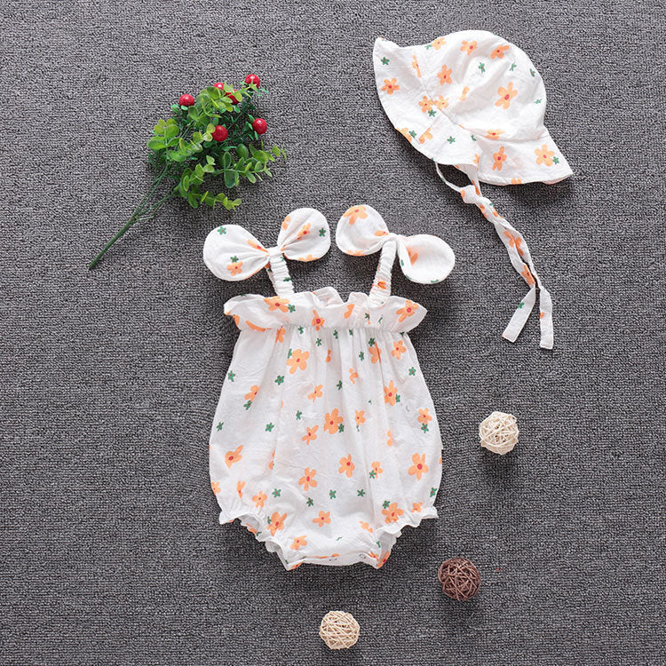 Baby Girl Floral Pattern Bow-Tie Sleeveless Onesies In Summer With Hat