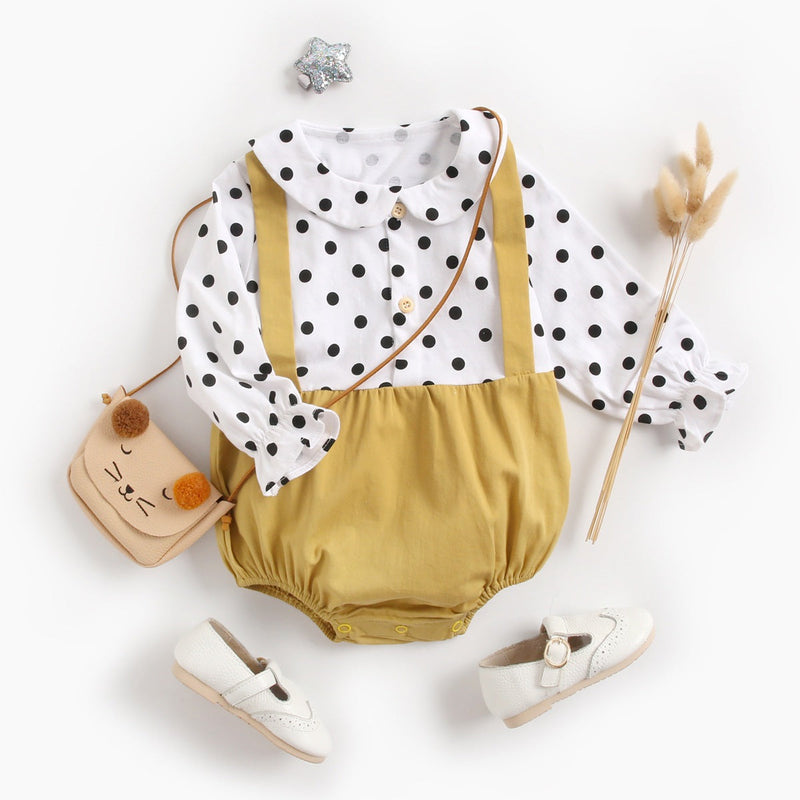 Baby Girl Polka Dot Pattern Doll Collar Design Fake Two Piece Backless Long Sleeve Onesies