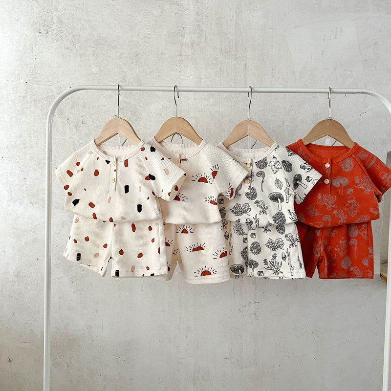 Baby Print Pattern Multi-Style Waffle Fabric Shorts Sets