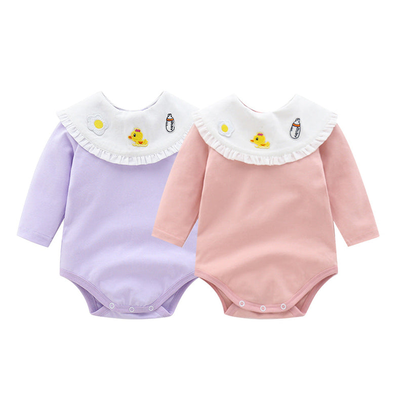 Baby Girl 1pcs Cartoon Embroidered Pattern Ruffle Neck Long Sleeved Triangle Bodysuit