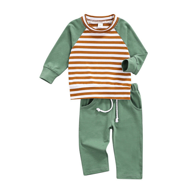 Baby Striped Pattern Contrast Design Hoodies Combo Solid Pants Sets