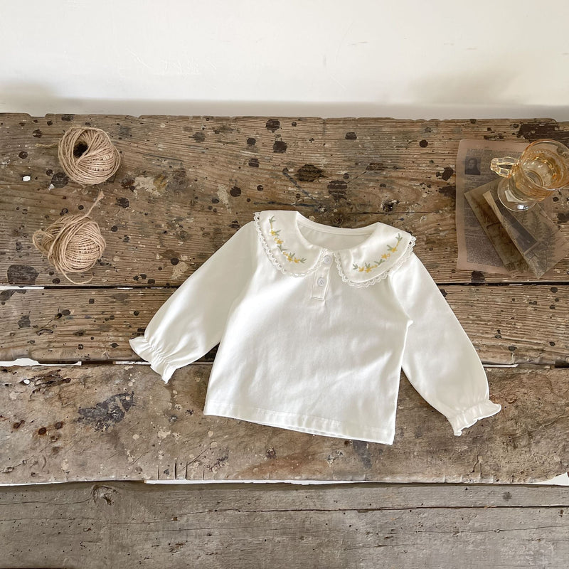 Baby Girl Solid Embroidered Floral Collar Top