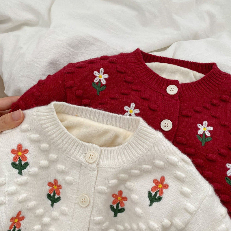 Baby Girl Flower Embroidered Pattern Thickened Knit Single Breasted Design Cardigan