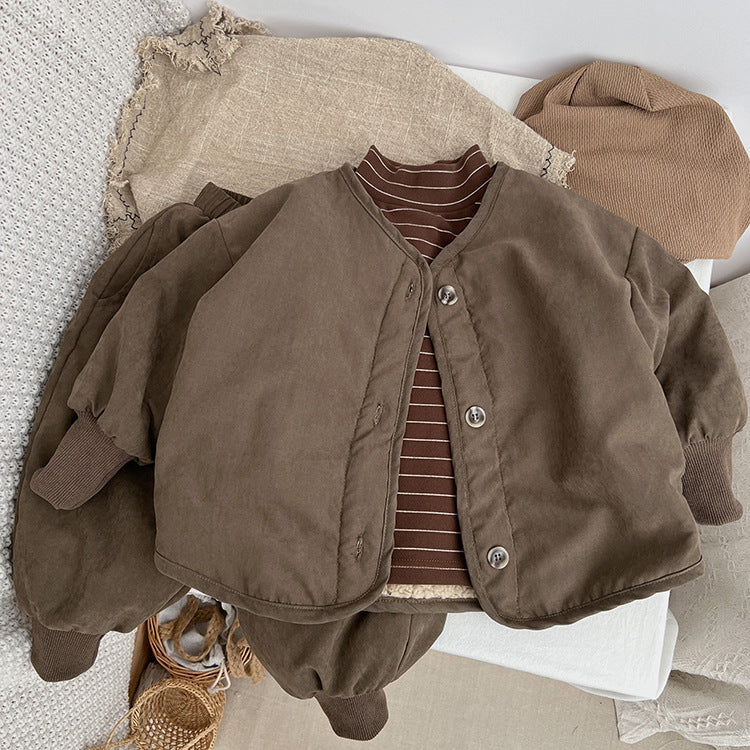 Baby Boy And Girl Vintage Style Lambswool Padded Thickened Jacket