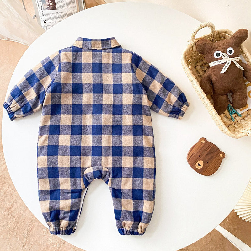 Baby Boy Plaid Pattern Snap Button Front Long-sleeved Thick Rompers