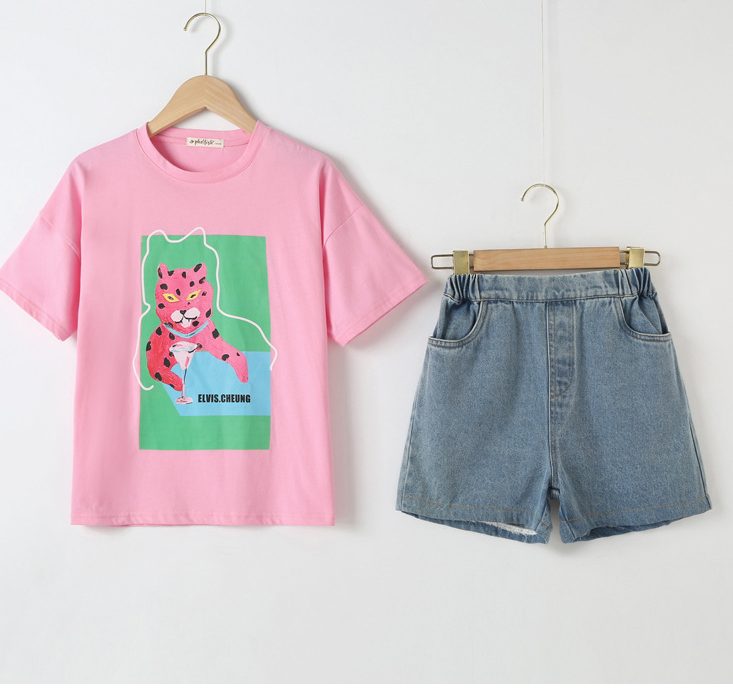 Baby Girl Animal Print T-Shirt Combo Denim Shorts 2-Pieces Sets