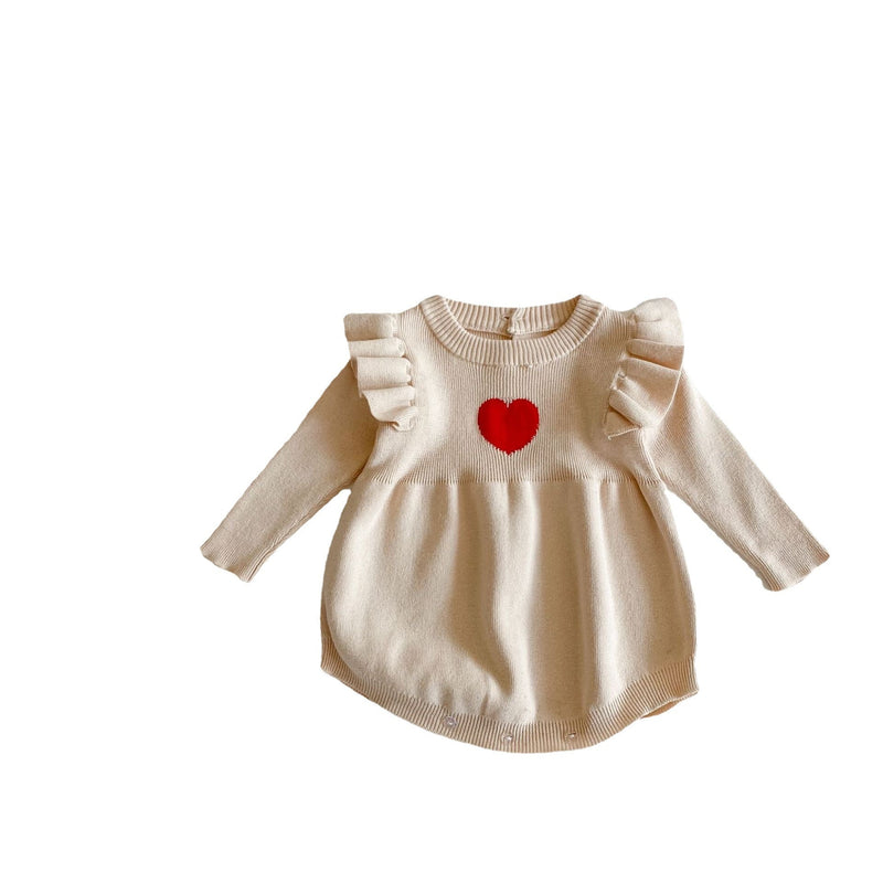 Baby Girl 1pcs Heart Embroidered Pattern Ruffle Long Sleeve Knit Onesies