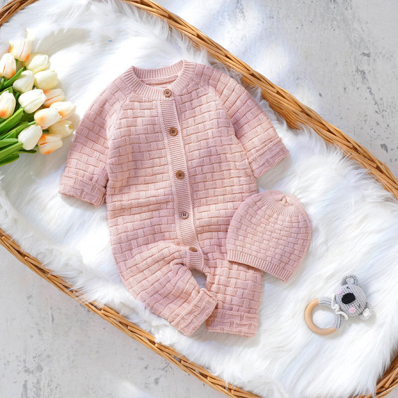 Baby Solid Color Full Button Design Knit Hot Selling Rompers