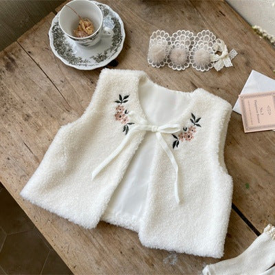 Baby Floral Embroidered Pattern Lamb Wool Vest Jacket