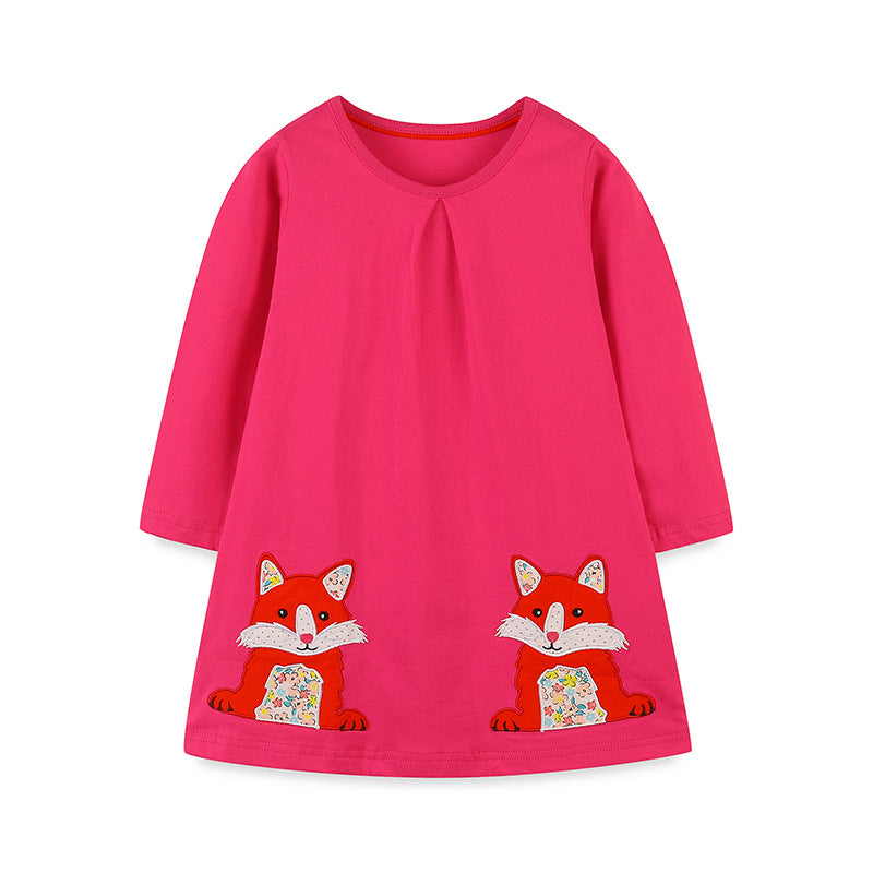 Girls’ Cartoon Pattern Embroidery Crew Neck Dress